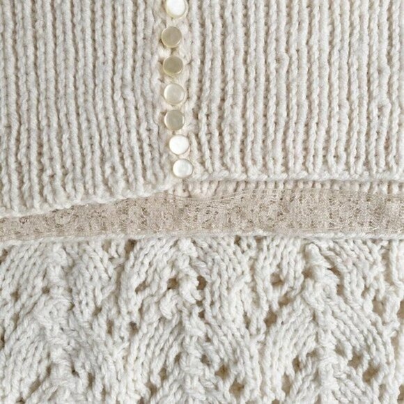 Pearl Detail Granny Core Hand Knit Chunky Cable Ribbed Sweater Ivory Women’s L - Picture 3 of 8